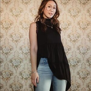 Black Gimmicks Tiered Ruffle Tunic Tank Top.